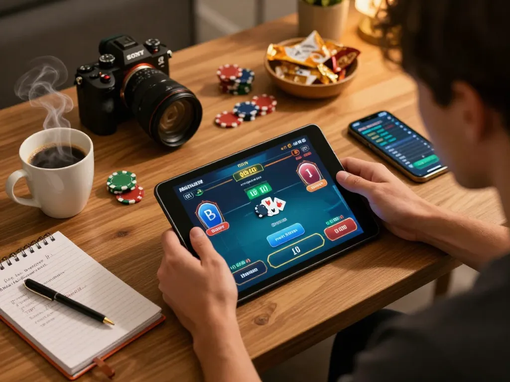 Engaging scene of a player strategizing for god55 online casino games using a tablet and notes.