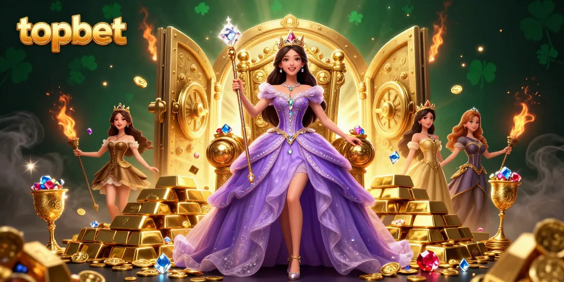 Topbet illustration featuring a beautiful Asian princess surrounded by riches and gambling treasures