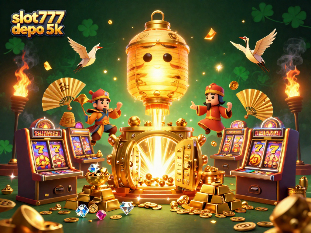 Experience slot777 depo 5k excitement with golden lanterns and vibrant slot machines illuminating the casino floor.