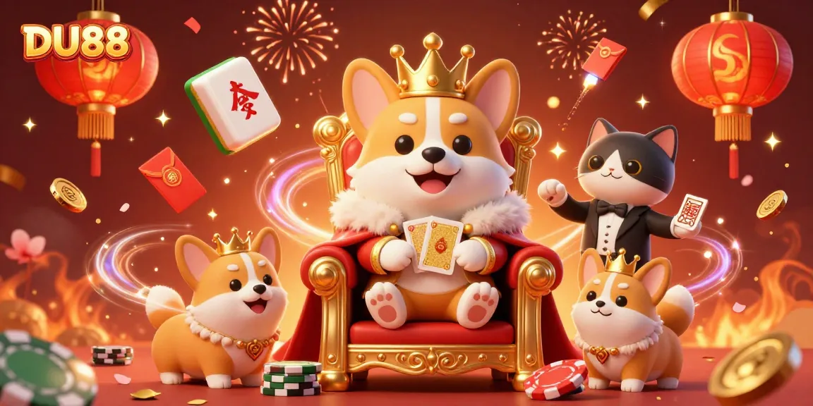 Engage with DU88 in a vibrant 3D casino scene featuring a royal corgi on a throne of poker chips.