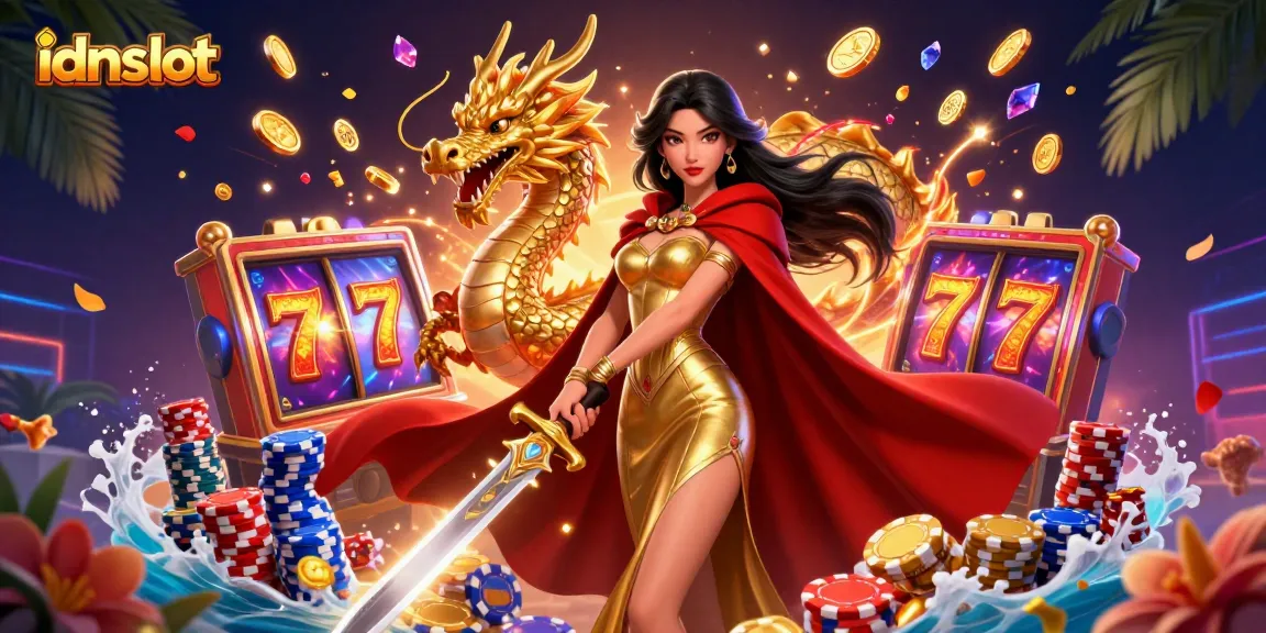 Spin the reels with idnslot in this energetic scene featuring a warrior queen and treasure-filled excitement.