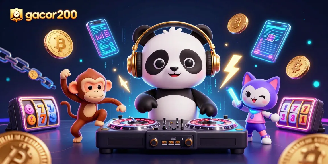Experience vibrant gaming with gacor200 in a 3D casino scene featuring DJ panda and breakdancing monkey.