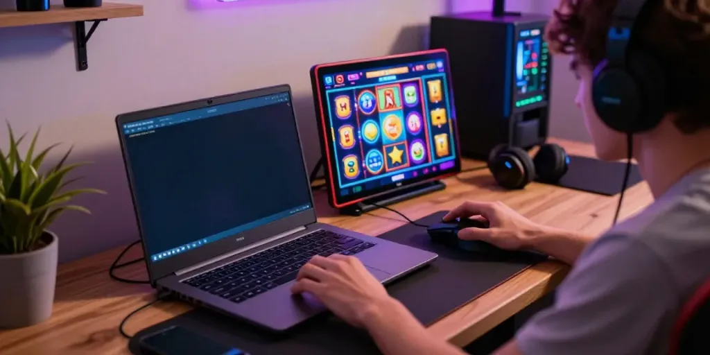 Pengguna aktif di situs bukumimpi138 bermain permainan slot gacor dengan sistem RTP tinggi di laptop.