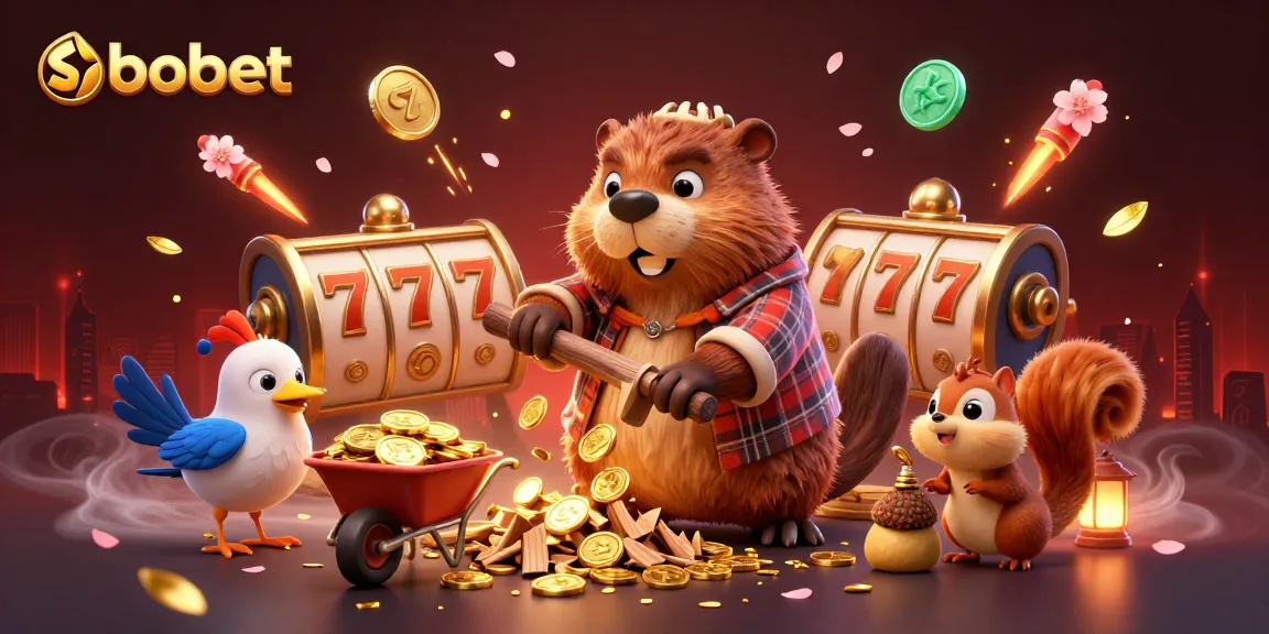 Discover sbobet's vibrant gambling scene with a cartoon beaver promoting slots and coins.