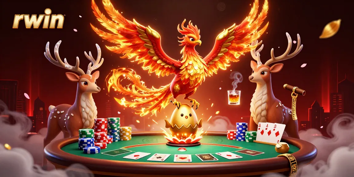 Engage with rwin's dynamic poker scene featuring a phoenix and mystical stag.