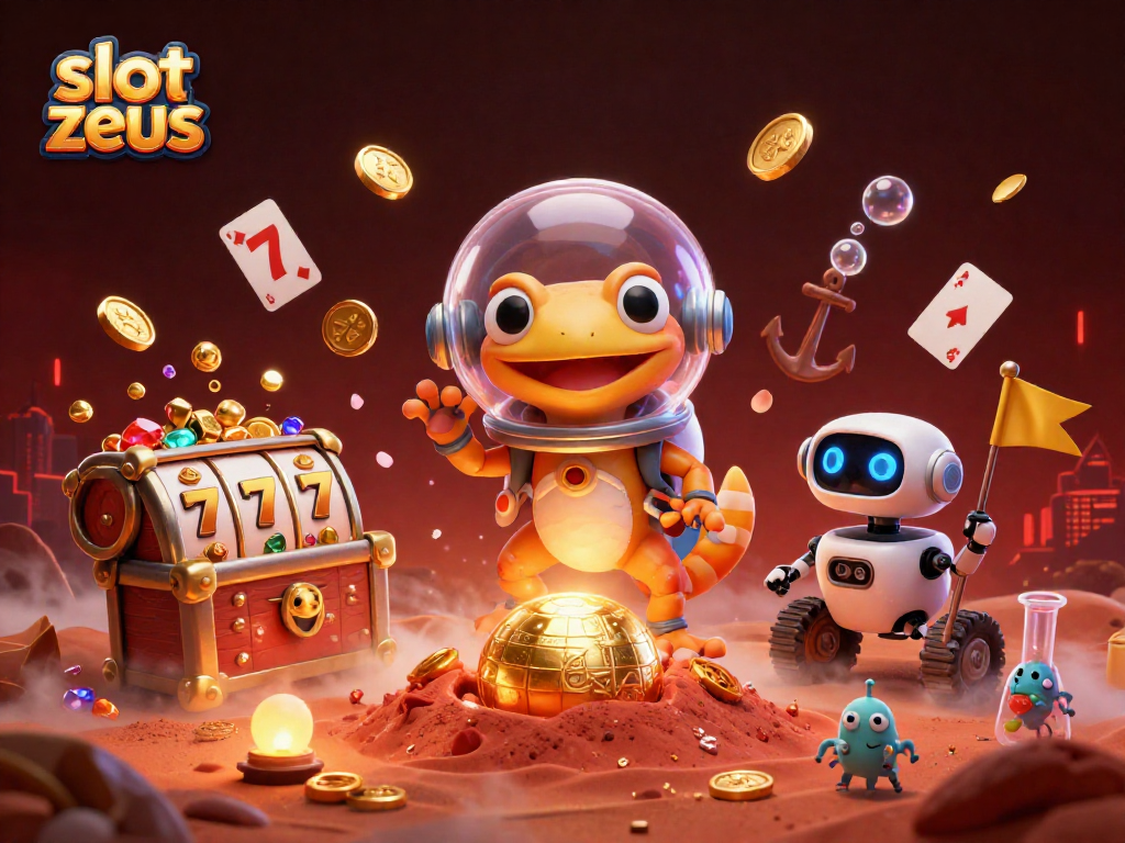 Experience the excitement of slot zeus in a vibrant, fantastical casino scene with animated characters.