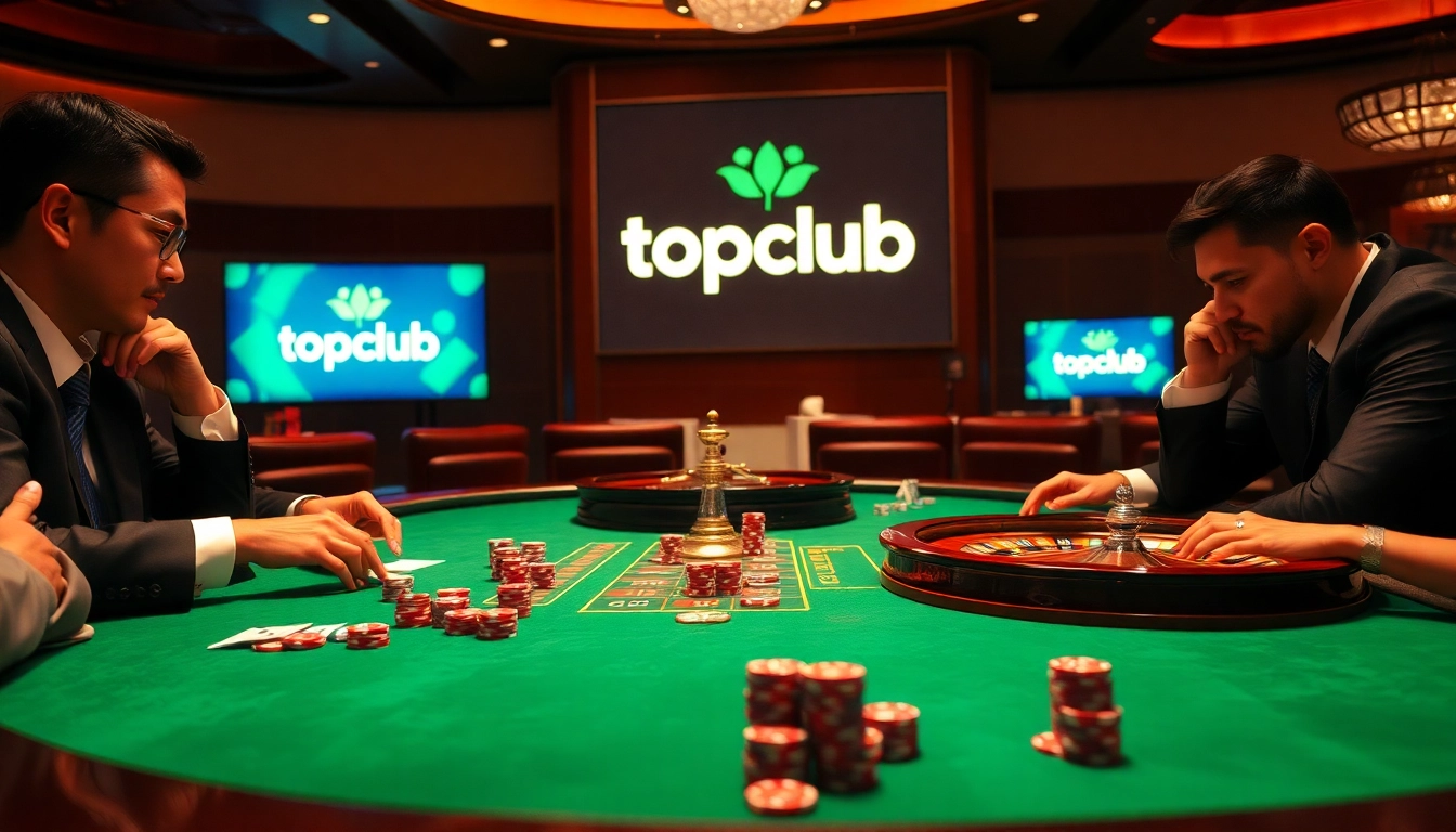 Topclub players strategizing at a professional poker table with vibrant chips and cards.