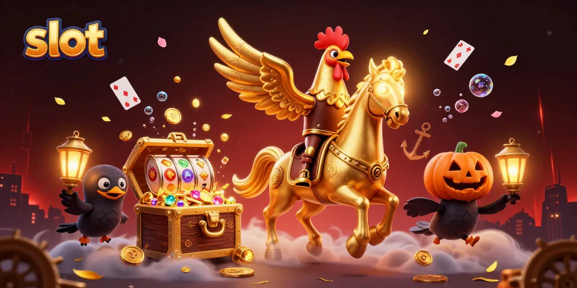 Slot yang menarik dengan karakter ayam emas dan suasana kasino malam yang penuh petualangan.