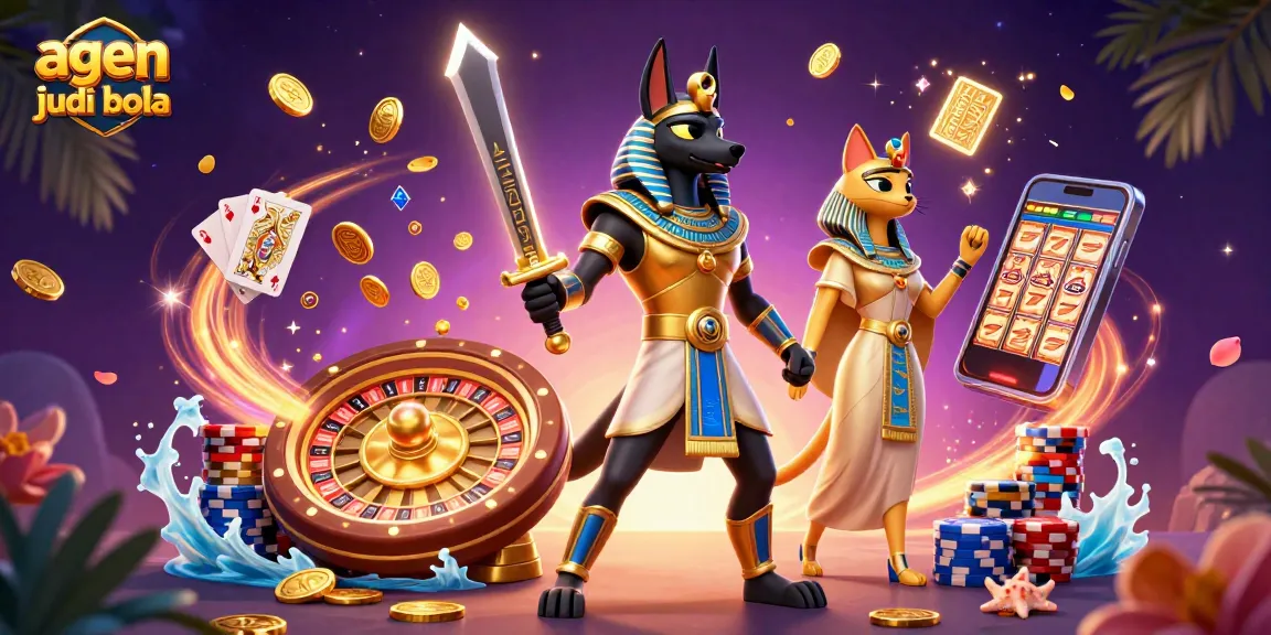Win big with agen judi bola at this vibrant casino scene featuring Anubis and Bastet.