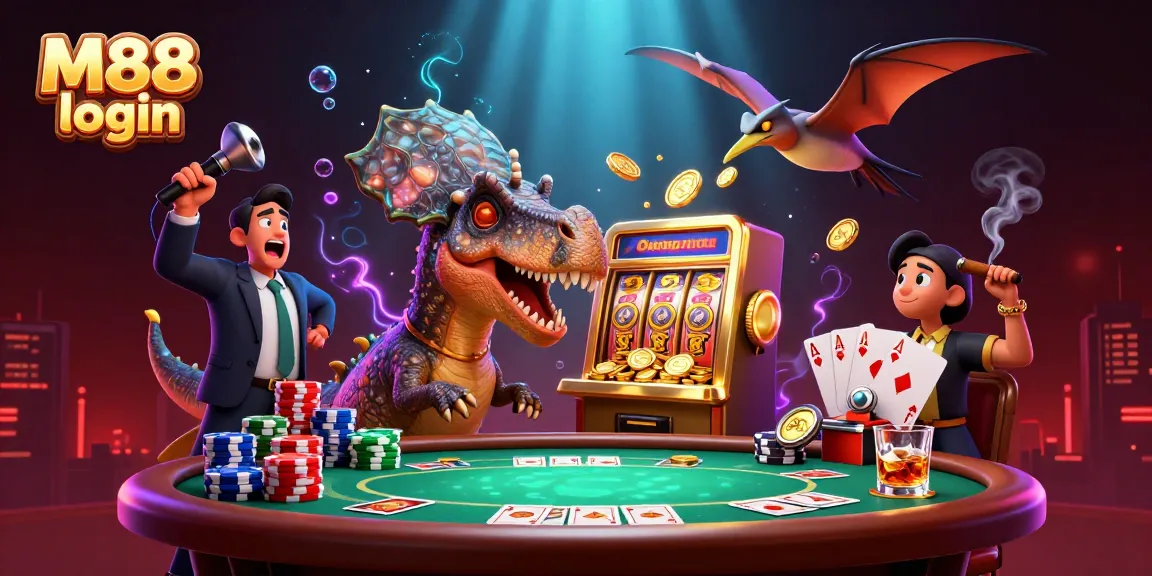 M88 login showcases a pachycephalosaurus celebrating jackpot wins at a casino