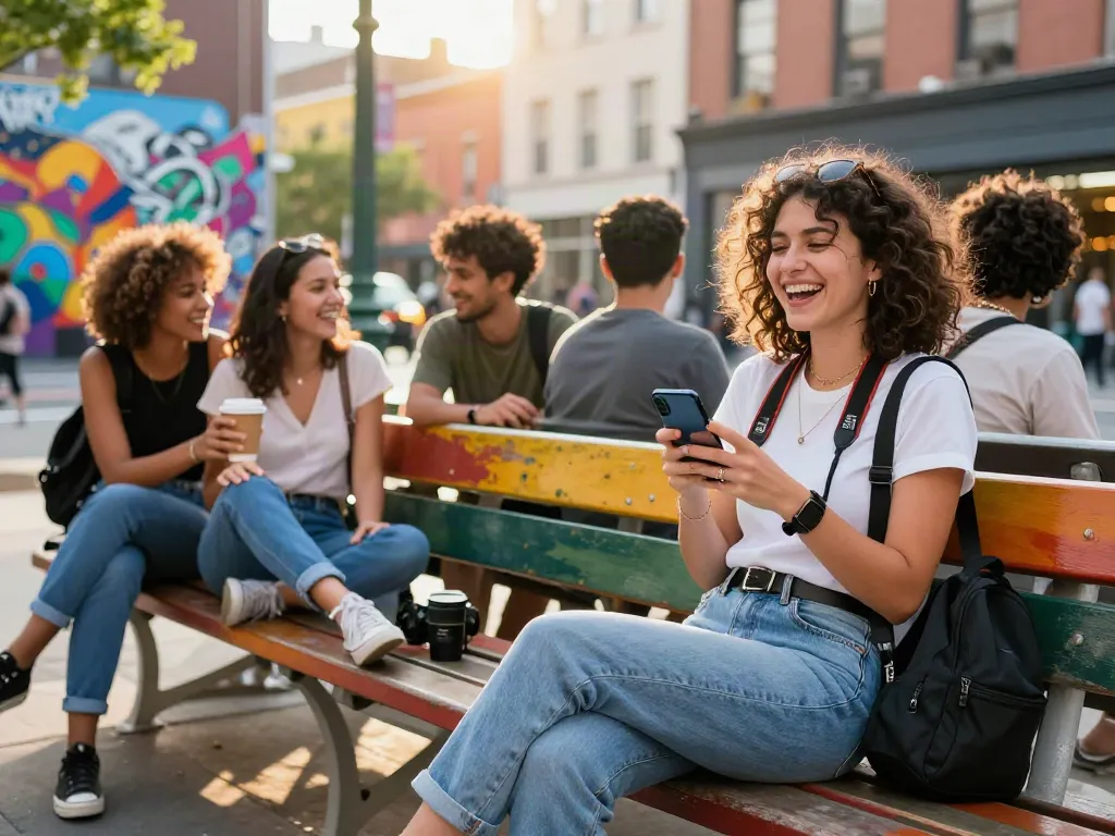 Friends enjoying a sunny day in the city, connecting over drinks in vibrant urban fashion, showcasing akunjp lifestyle.