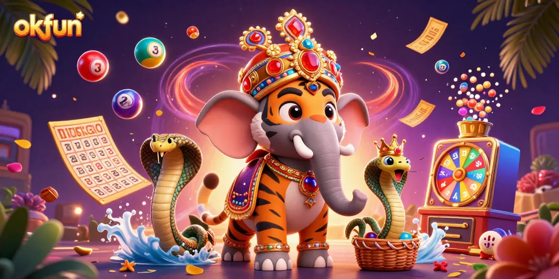 Engage with okfun's vibrant lottery excitement featuring a maharaja tiger and dynamic gameplay elements.