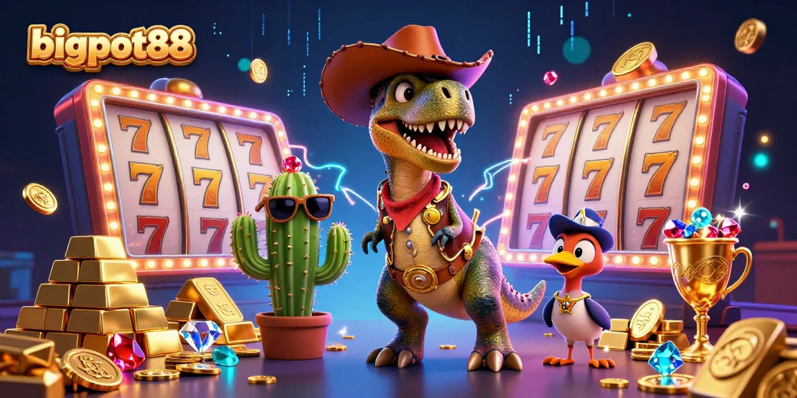 Experience bigpot88's vibrant casino energy with dinosaur cowboy and slot elements in a dazzling 3D illustration.