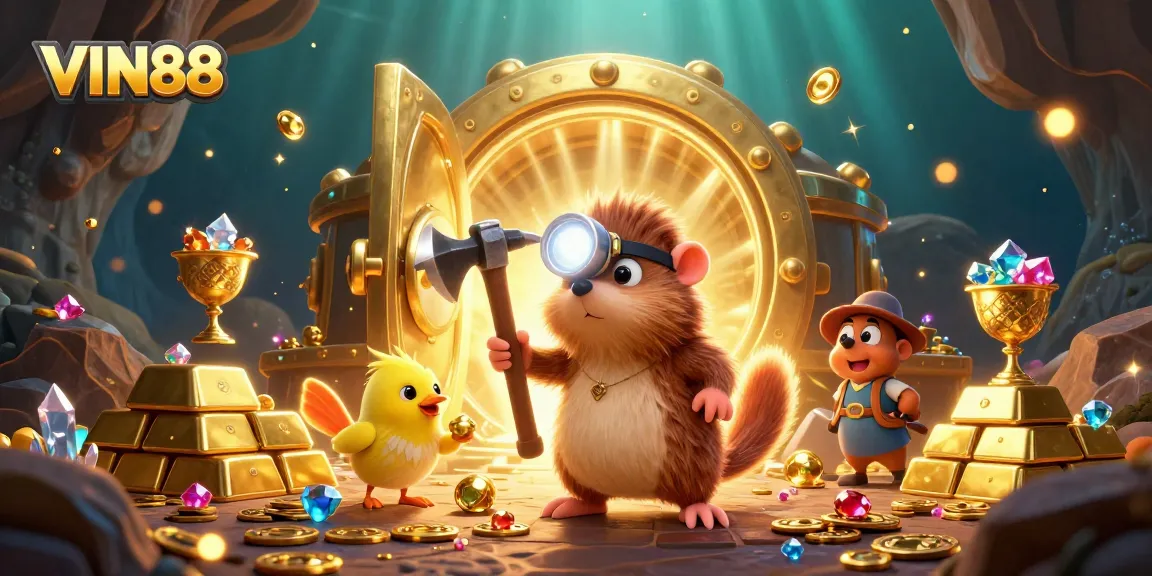 Experience thrilling gameplay at VIN88 with a treasure hunting mole uncovering gems amidst dazzling gold in a vibrant 3D illustration.
