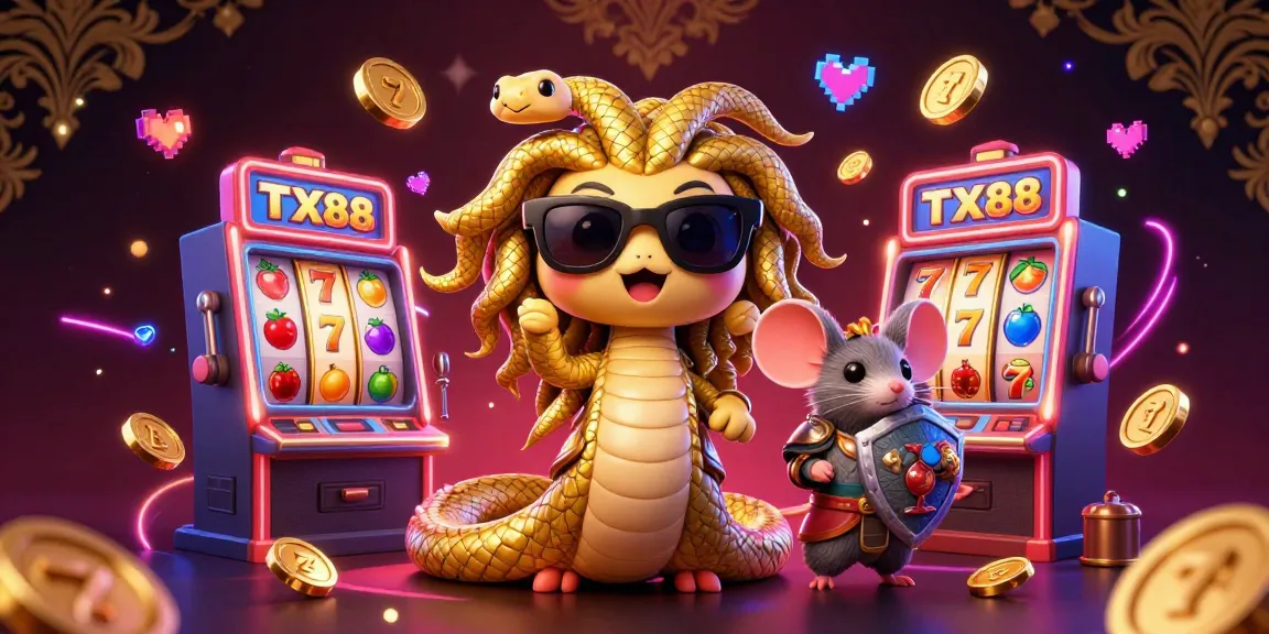 Engage with TX88's thrilling slot experience featuring Medusa and a warrior mouse amid colorful game elements.