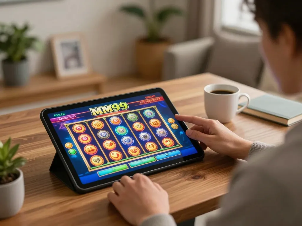 Engaging with MM99 Slot on a tablet in a cozy home setup, showcasing online gaming atmosphere.