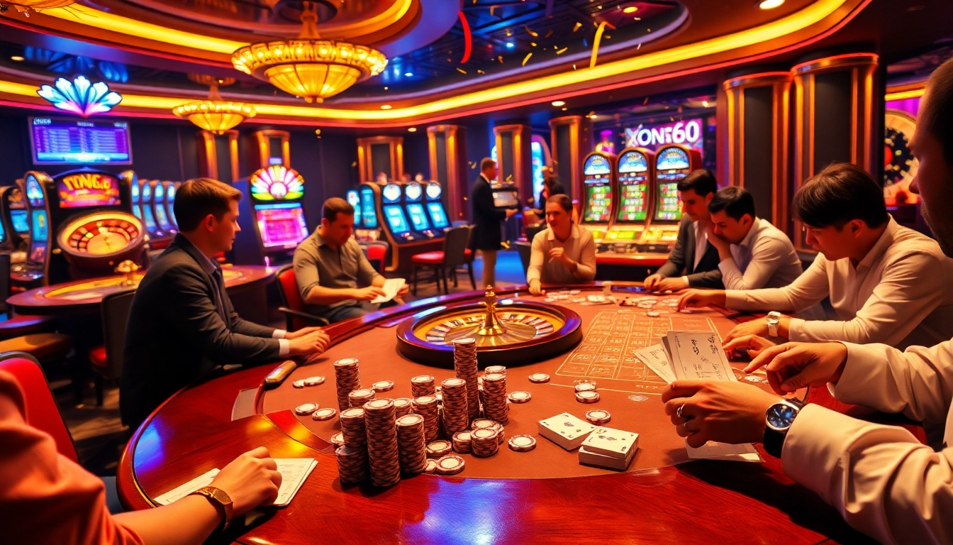 Xoso66 players celebrating a big win at a lively casino table with vibrant colors.