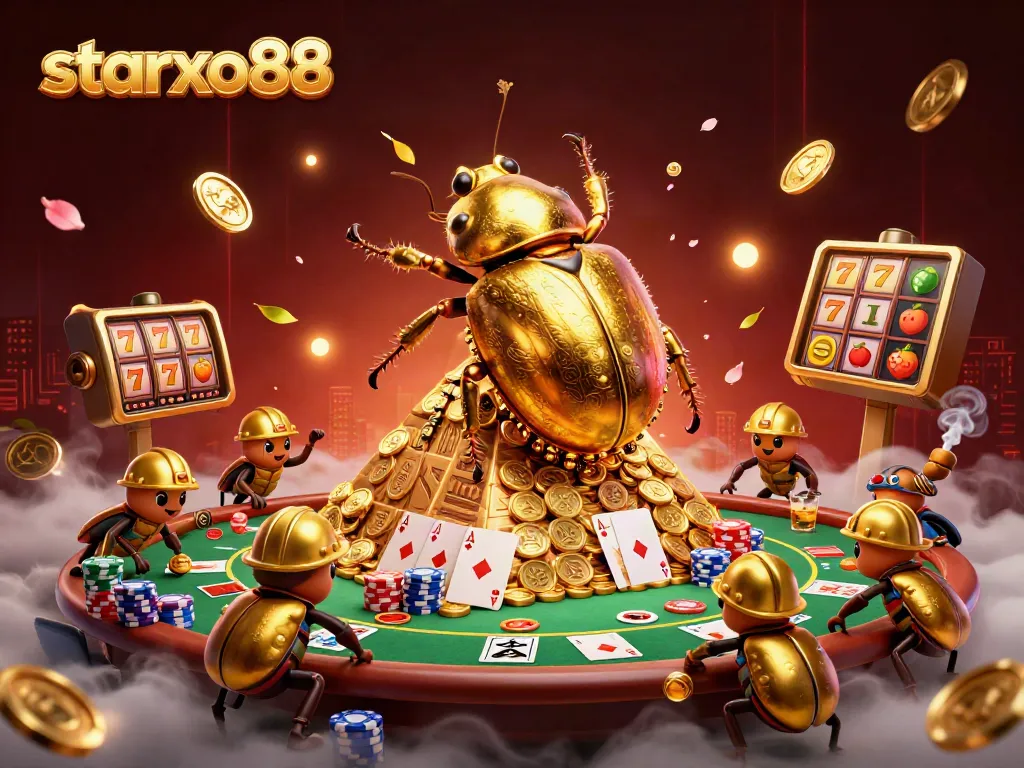 Engage with dynamic starxo88 gameplay featuring golden beetles amidst a vibrant casino scene.