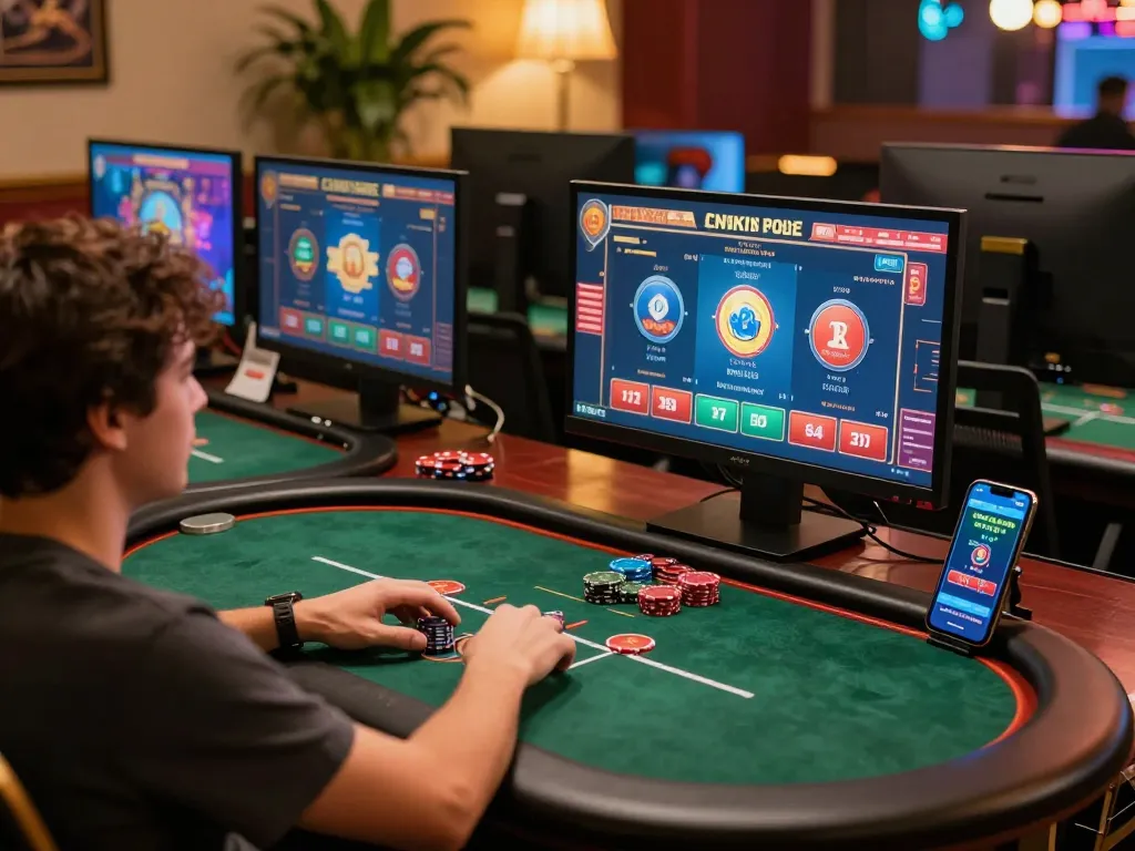 HM88 player engaging in online poker gaming on multiple screens in a cozy setup.