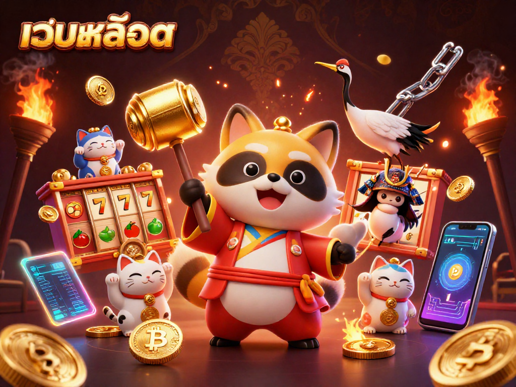 Experience the excitement of เว็บสล็อต with a 3D cartoon tanuki celebrating casino wins amidst colorful game symbols.