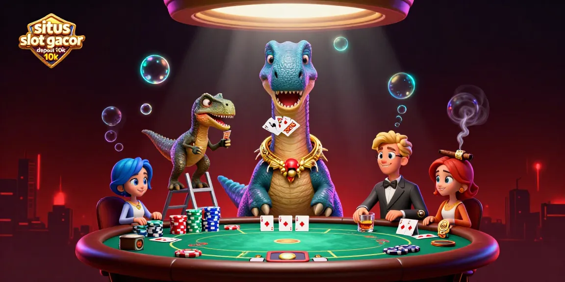 Engage with situs slot gacor deposit 10k as a brontosaurus observes poker action from above, adding excitement to the scene.
