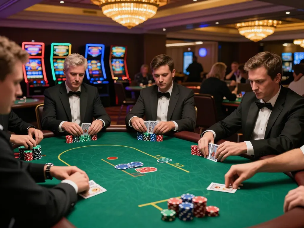 TT88 poker chips stacked strategically during an intense game in a luxurious casino setting.