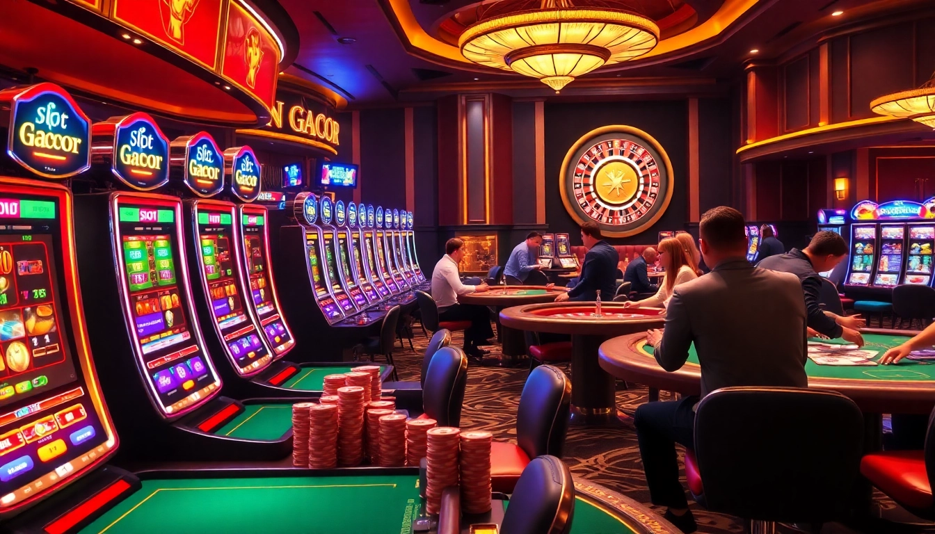 Engaging players at slot online gacor machines in an exciting casino scene.