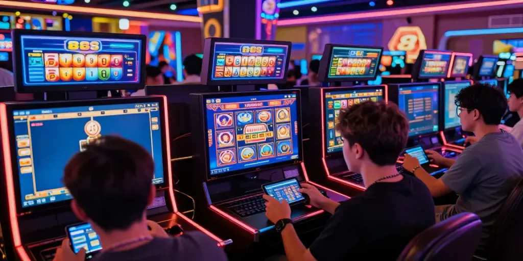 Exciting gaming scene featuring players interacting with slot88 online slot games on various devices.