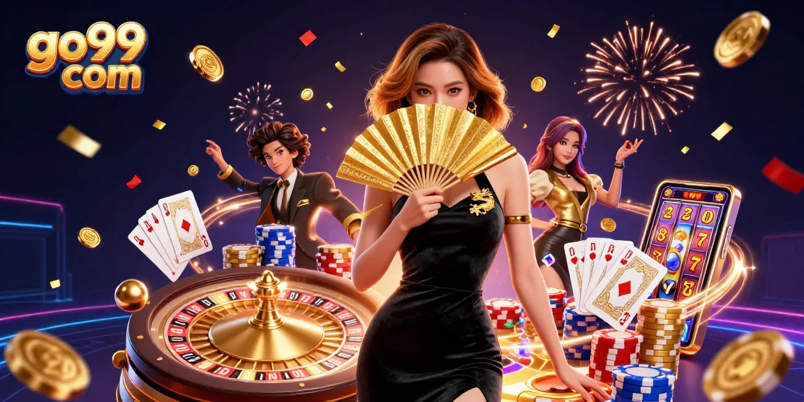 Win big at go99 com with glamorous Asian casino gaming illustration featuring a stunning woman and vibrant casino elements.