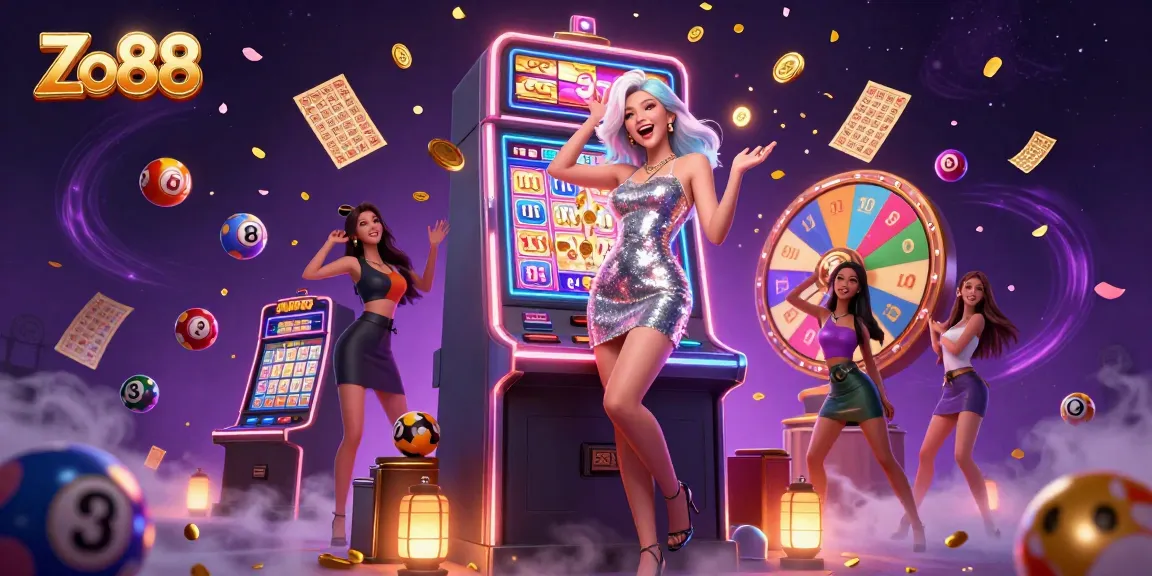 Spin jackpots and explore games at Zo88, featuring vibrant lottery balls, golden tickets, and an ecstatic winner.