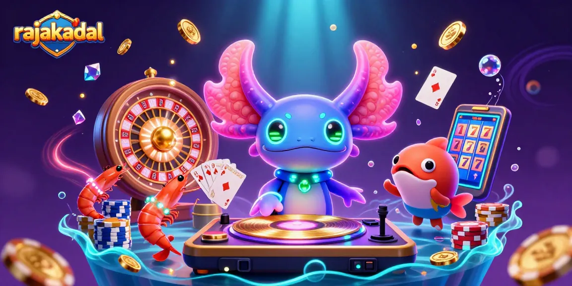 Permainan menarik di rajakadal dengan DJ axolotl dan kerumunan sedang menari, dikelilingi koin emas dan elemen kasino.