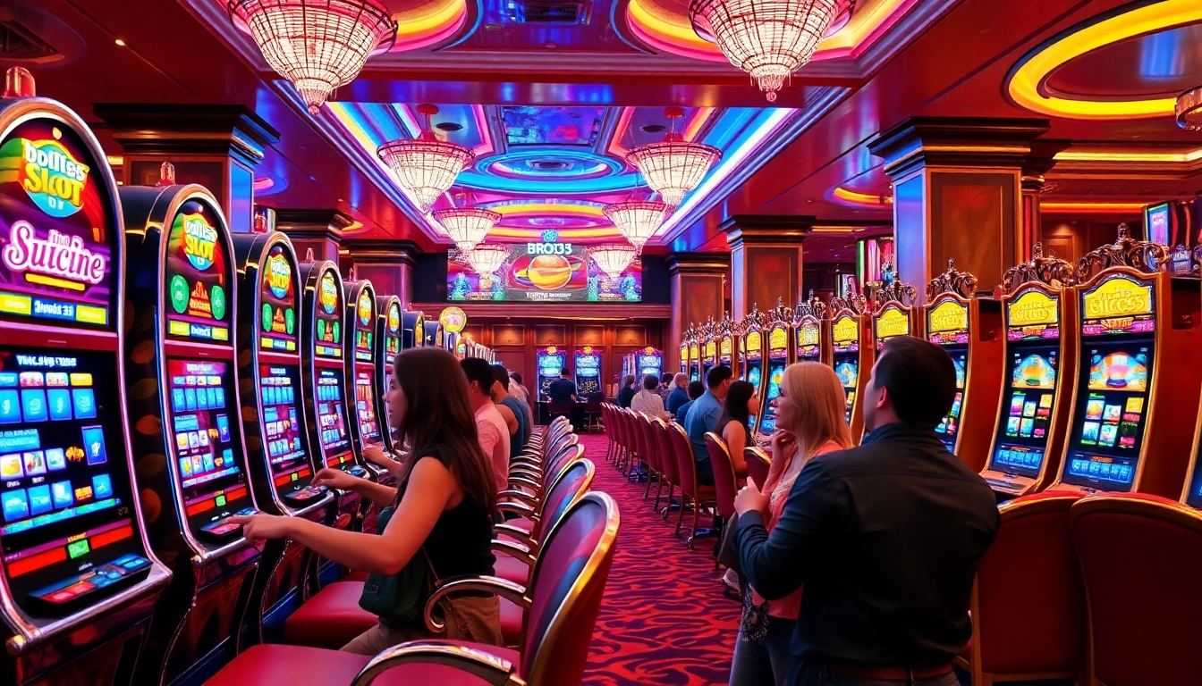 Players enjoying the excitement of bro138 slot machines in a vibrant casino.