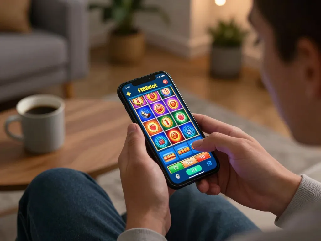 Engaging with the f168slot mobile app showcasing vibrant slot machine graphics in a relaxing home setting.