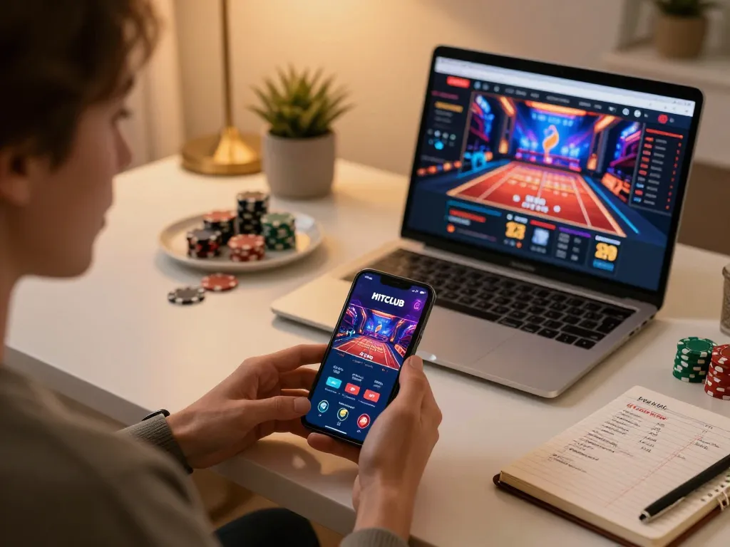 Engage with HITCLUB's exciting online gaming features on a mobile device amidst a cozy home setting.