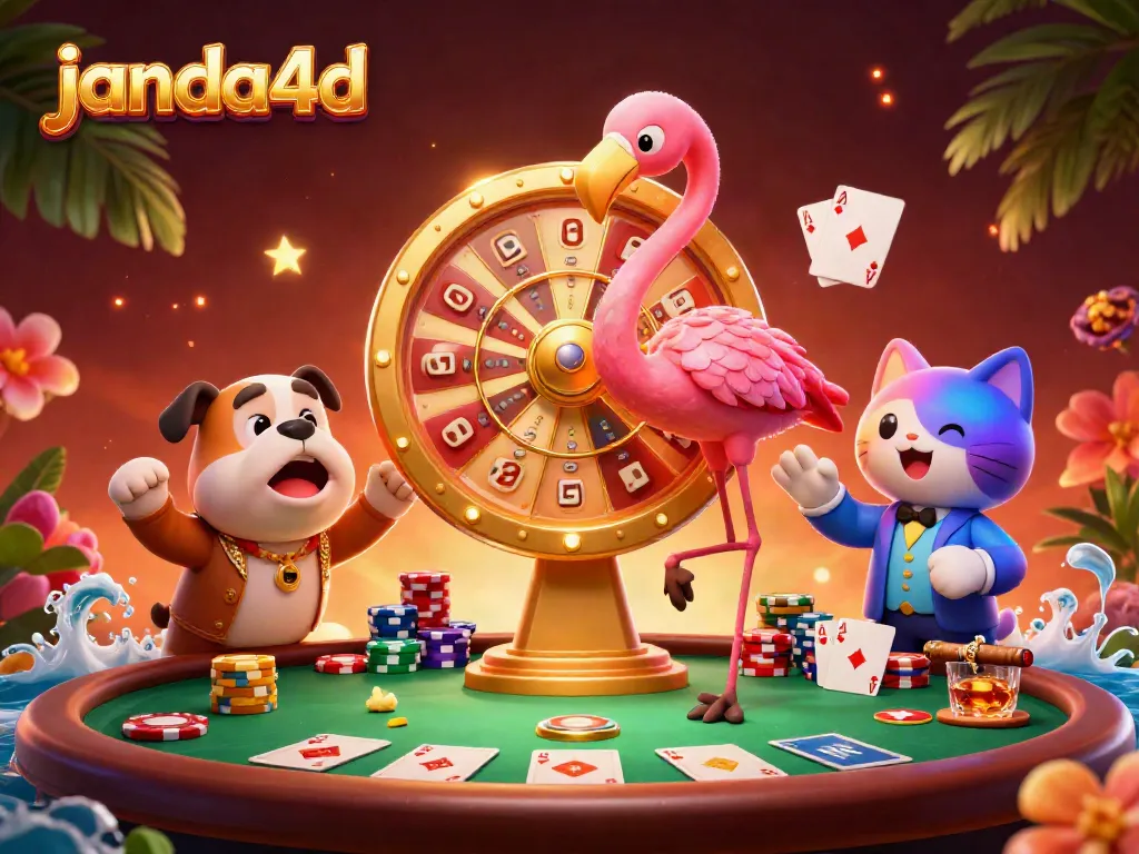 Memenangkan jackpot di JANDA4D dengan suasana pertunjukan permainan yang meriah bersama flamingo pembawa acara dan anjing bulldog.