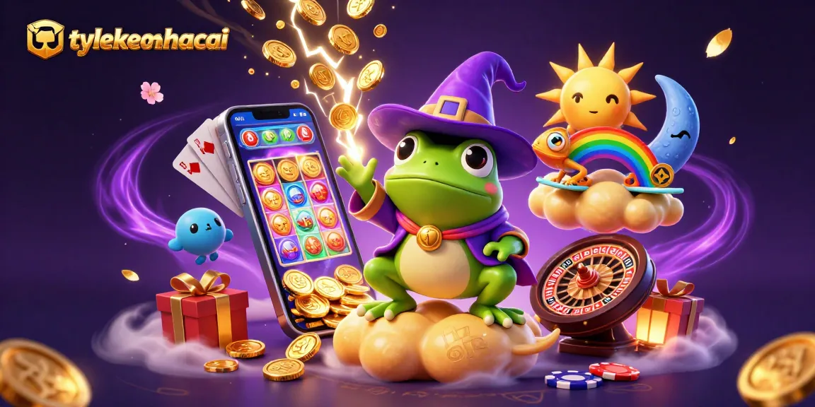 Experience the excitement of tylekeonhacai with magical golden coins and vibrantly illustrated casino elements.