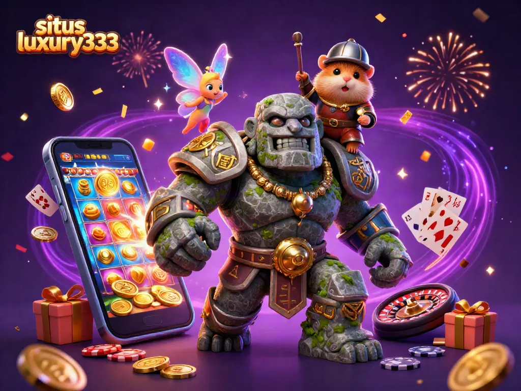 Situs luxury333 menampilkan ilustrasi kasino 3D yang penuh warna dengan elemen permainan yang menarik.