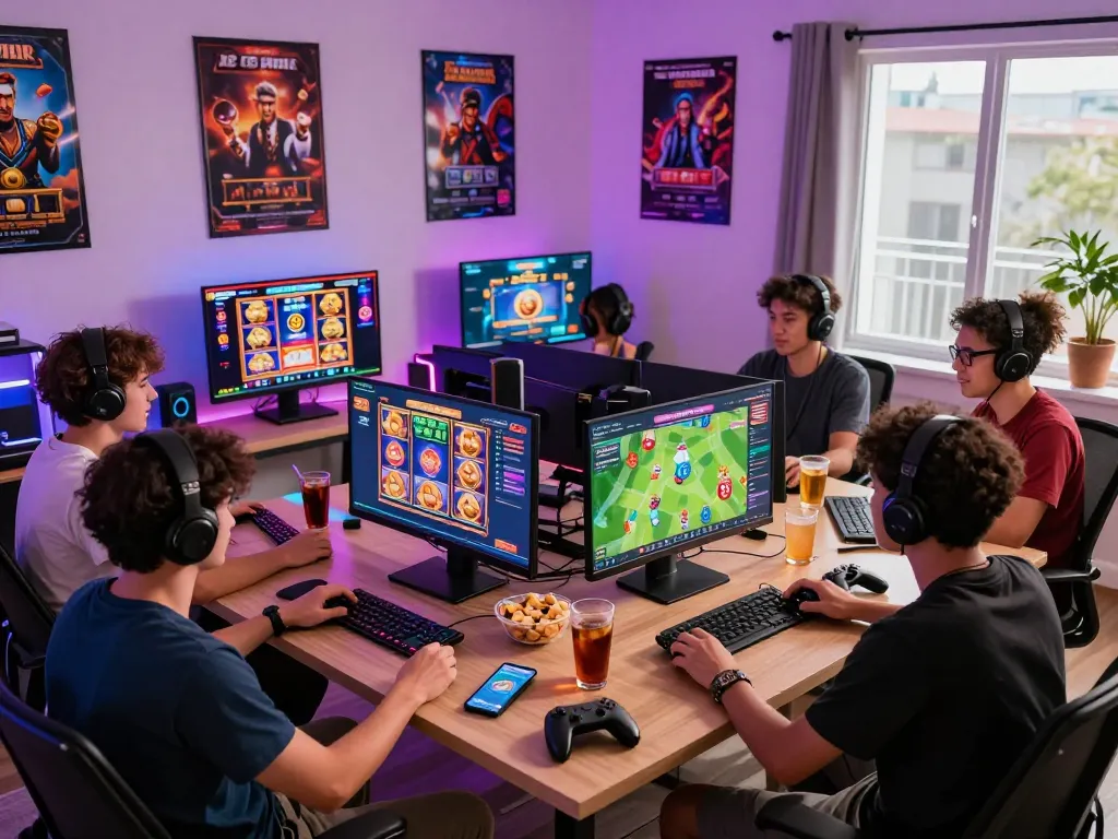 Players engaged in an online slot gacor gaming session in a lively, well-lit environment, showcasing exciting digital visuals and gaming accessories.