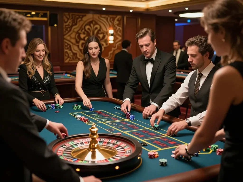 Jilipinas players engaged in an exciting roulette game at a luxury casino, showcasing vibrant chips and professional croupier.