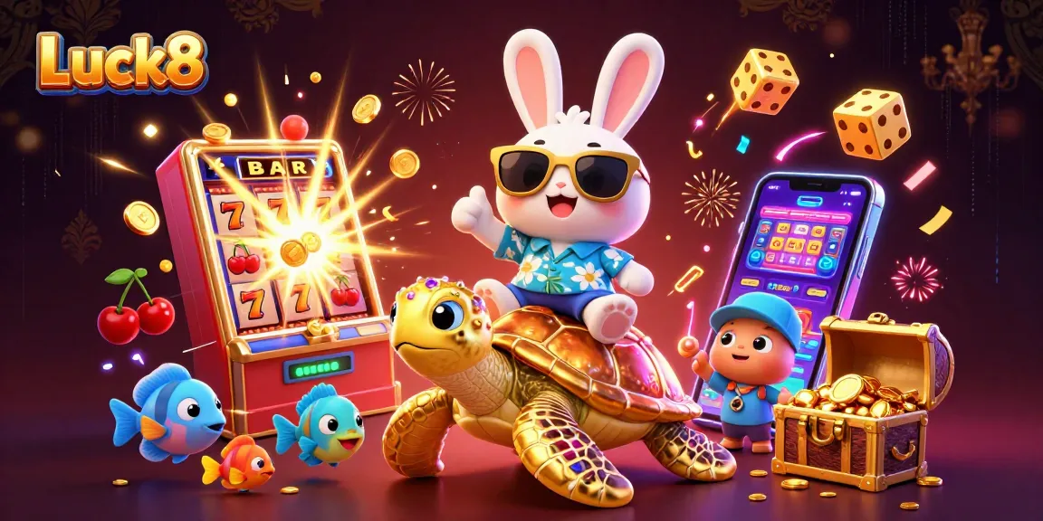 Experience thrilling jackpots at Luck8 with a charming rabbit and a golden turtle in a vibrant casino scene.