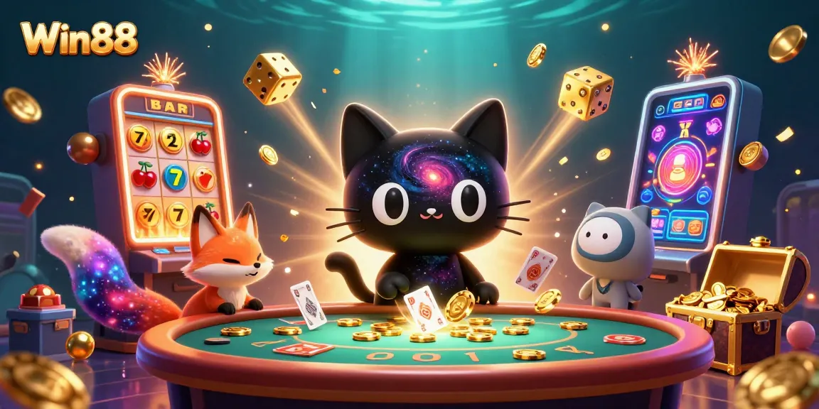 Win88 cat charms players with golden chips at a vibrant cosmic casino table.