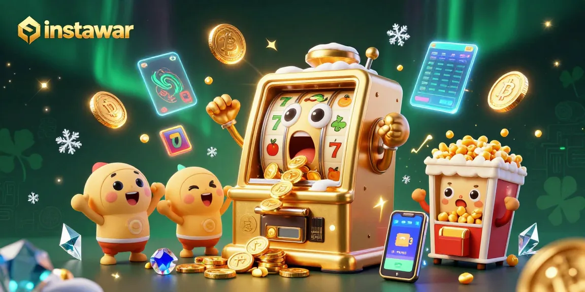 instawar showcases a cartoon slot machine hitting a jackpot with vibrant coins and crypto elements.