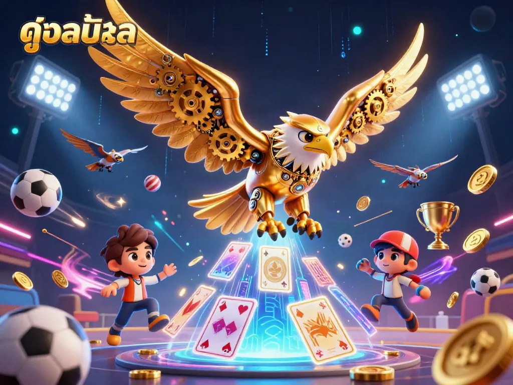 Experience thrilling sports betting with ดูบอลสด featuring a dynamic scene of a cybernetic eagle and holographic elements.