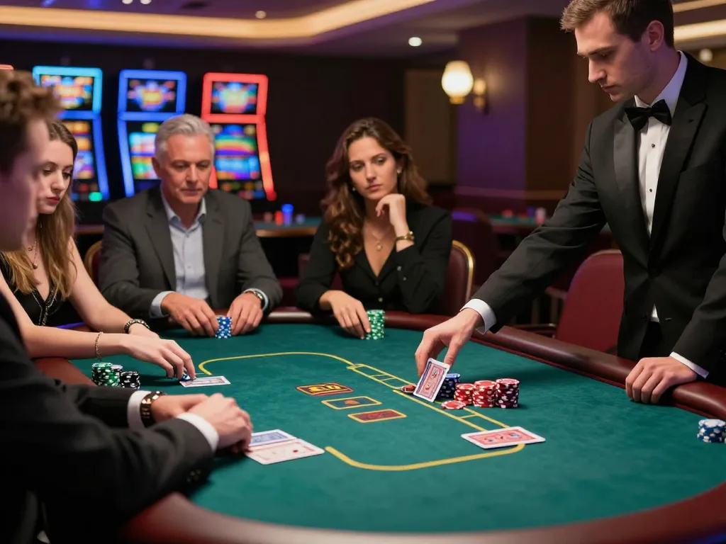 Leci123 players strategizing at a poker table in an upscale casino, showcasing excitement and tension during gameplay.
