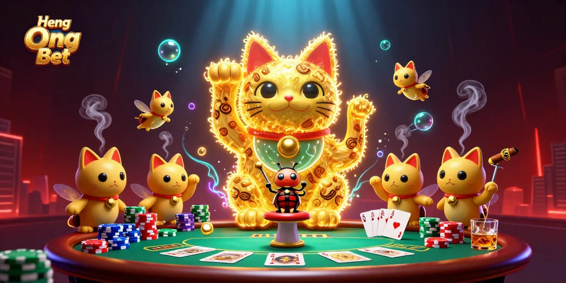Experience exciting wins at Heng Ong Bet with vibrant casino symbols and a lucky cat.