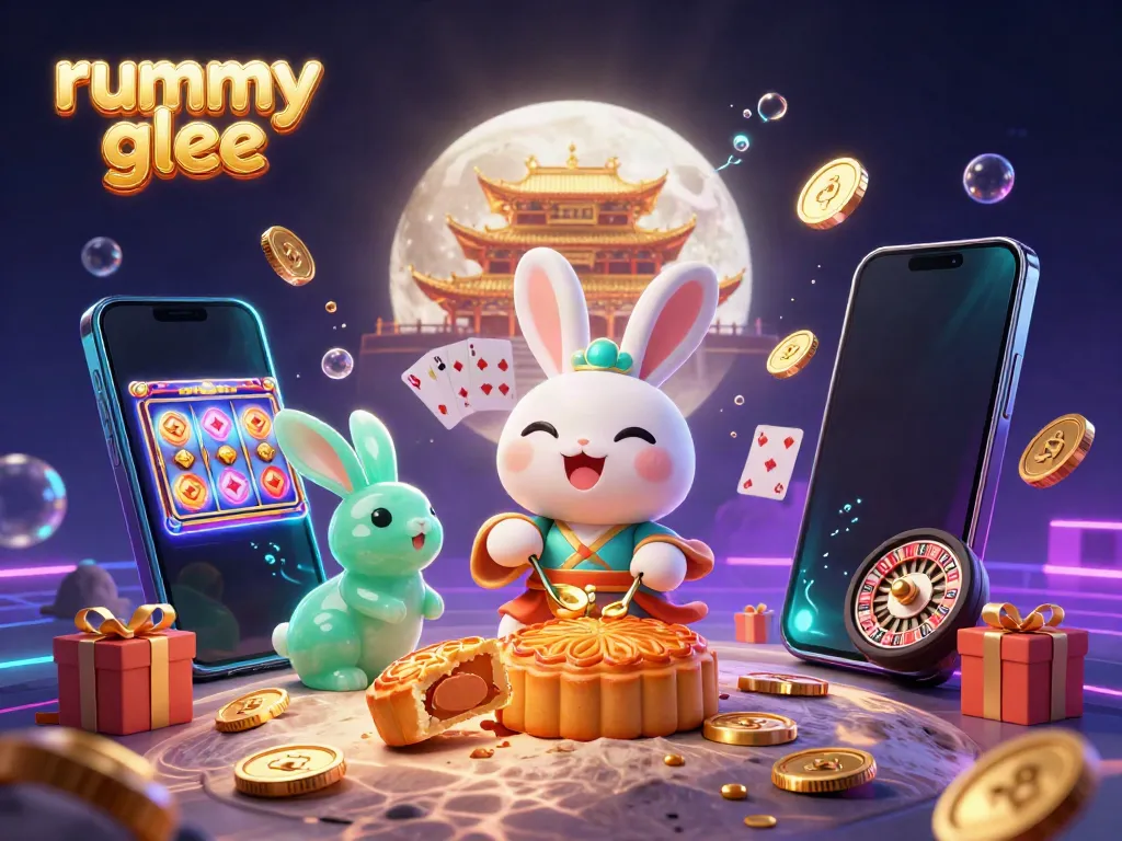 Permainan kartu Rummy Glee dengan karakter kelinci bulan di latar belakang bulan, menampilkan chip poker.