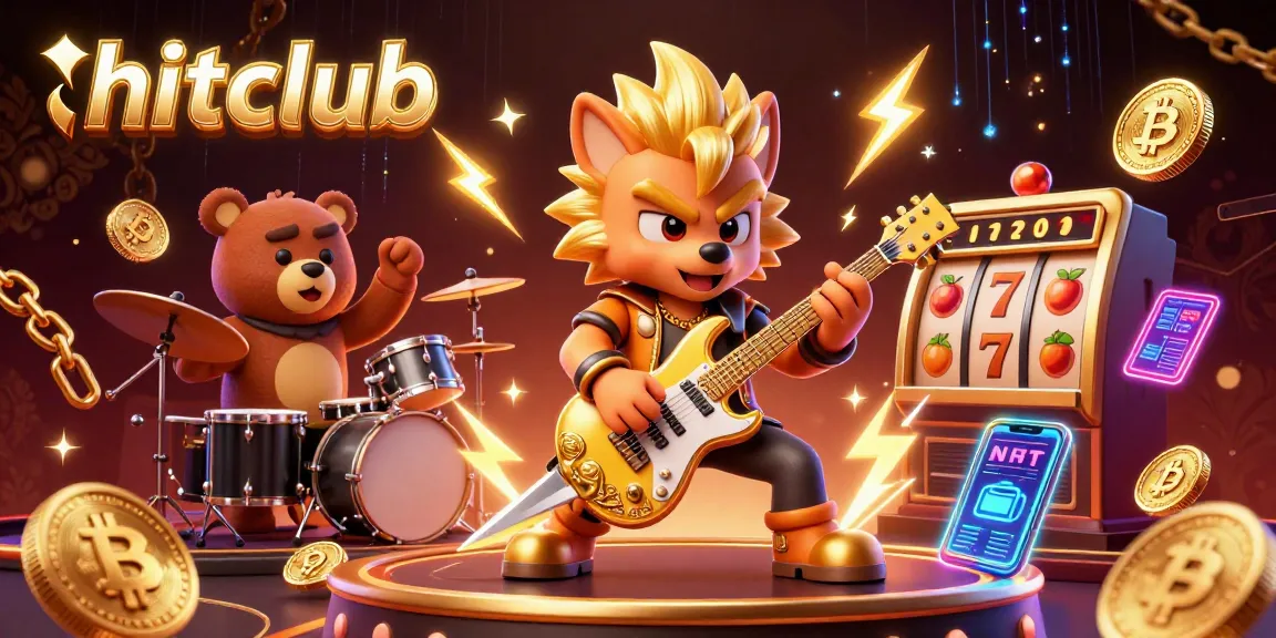 Engage with the hitclub gaming experience featuring a rock star wolf and drummer bear in a vibrant casino scene.