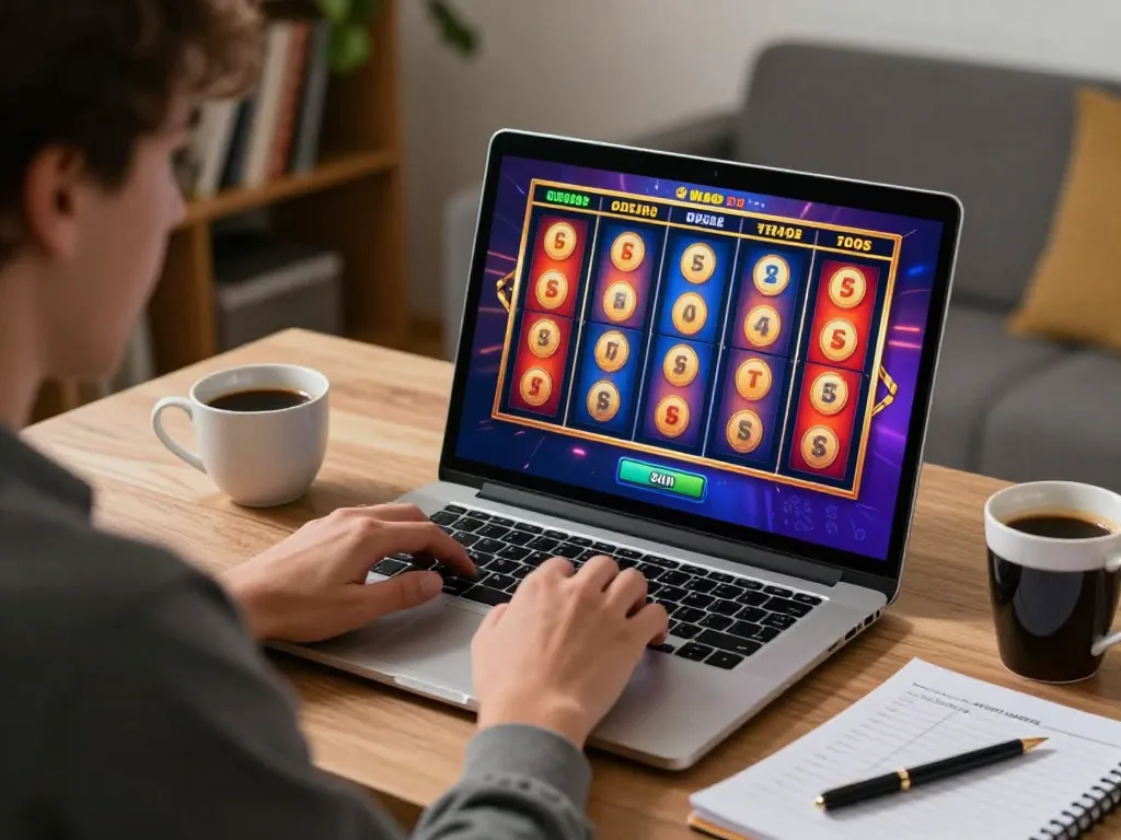 F8BET user engaging in an exciting online slot game from home, colorful reels spinning on screen.
