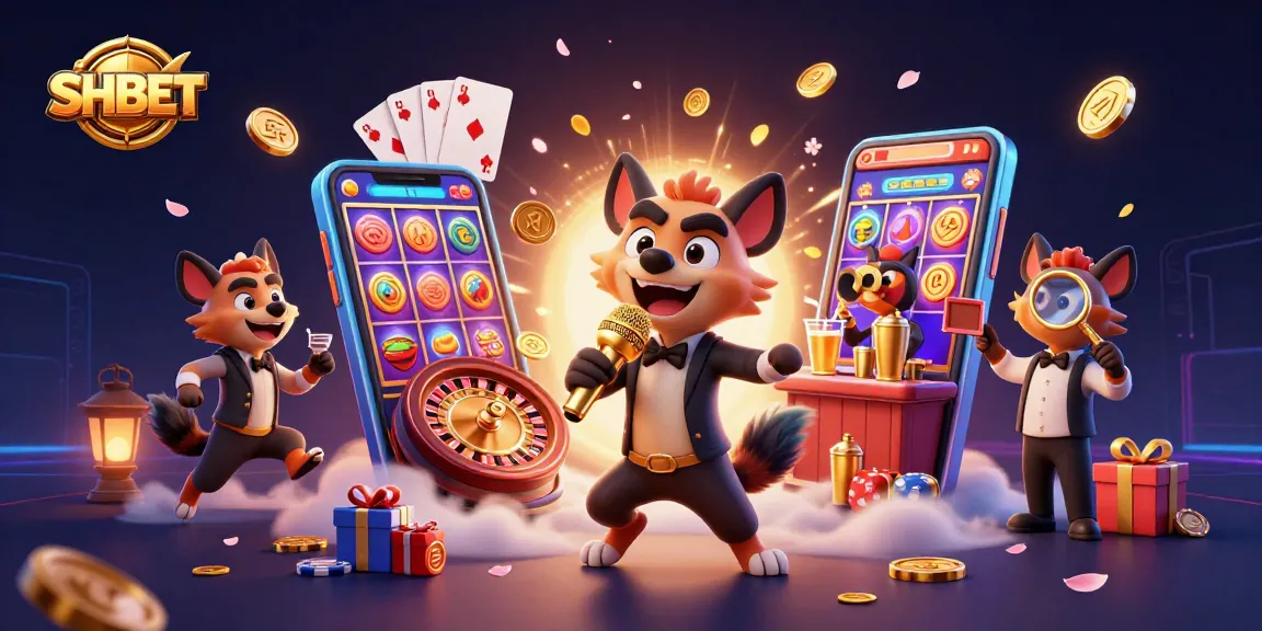 Experience the vibrant energy of SHBET with hyenas in a casino scene featuring games like slots and roulette.