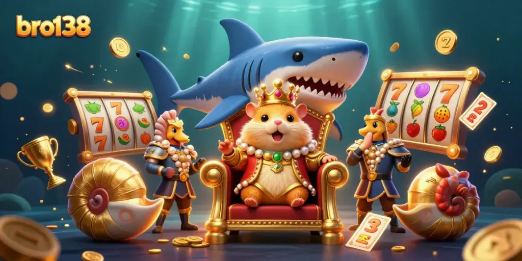 Spin to win at bro138 with a golden hamster king, slot reels, and dazzling casino elements!